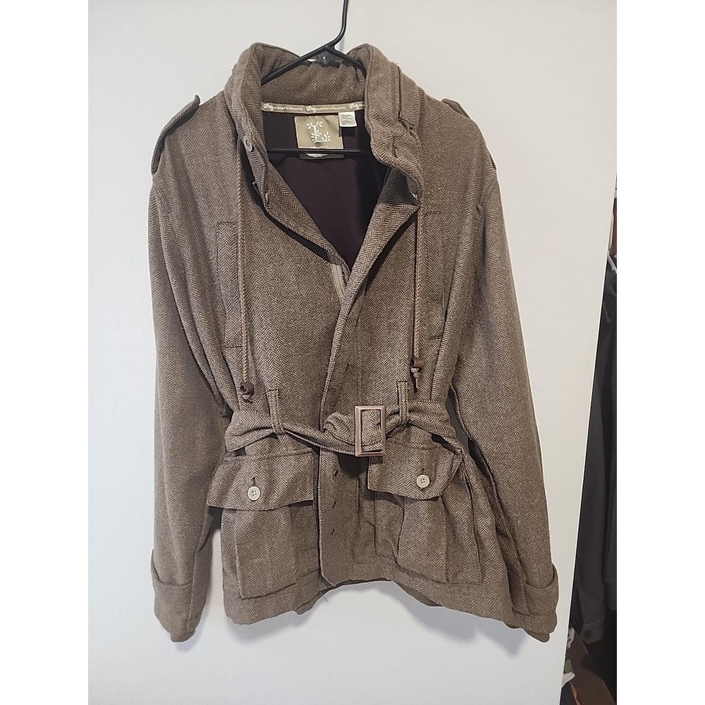 LRG Lifted Research Group Brown Tweed Jacket Coat Belted Size L Vintage